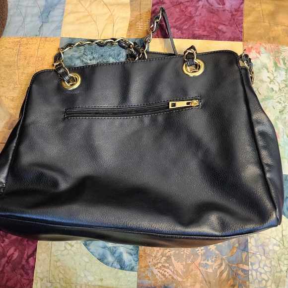 Nicole Miller Chain Tote Shoulder Bag PU Leather Purse Black Gold Vegan - Picture 3 of 14